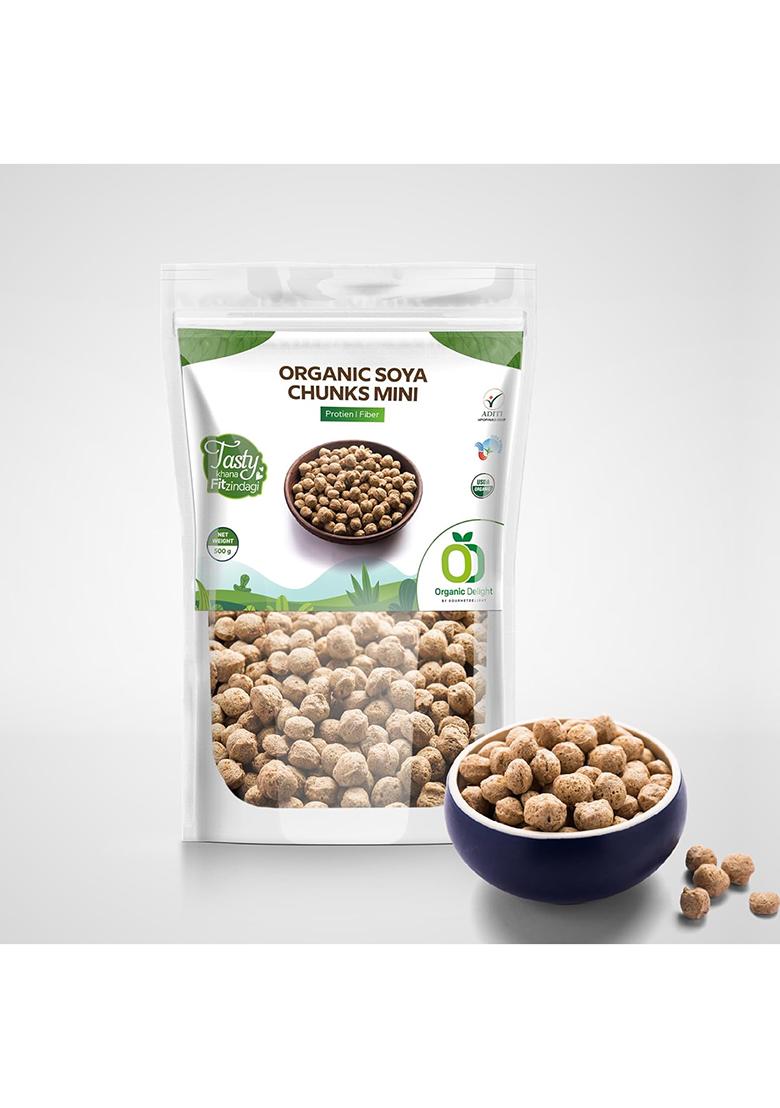 Organic Delight Organic Soya Chunks Mini 500gm By USDA Certified Healthy & Tasty Soya Bean Chunks With Natural High Protein Source Of Dietary High Fiber Fresh Wadi 500 gm