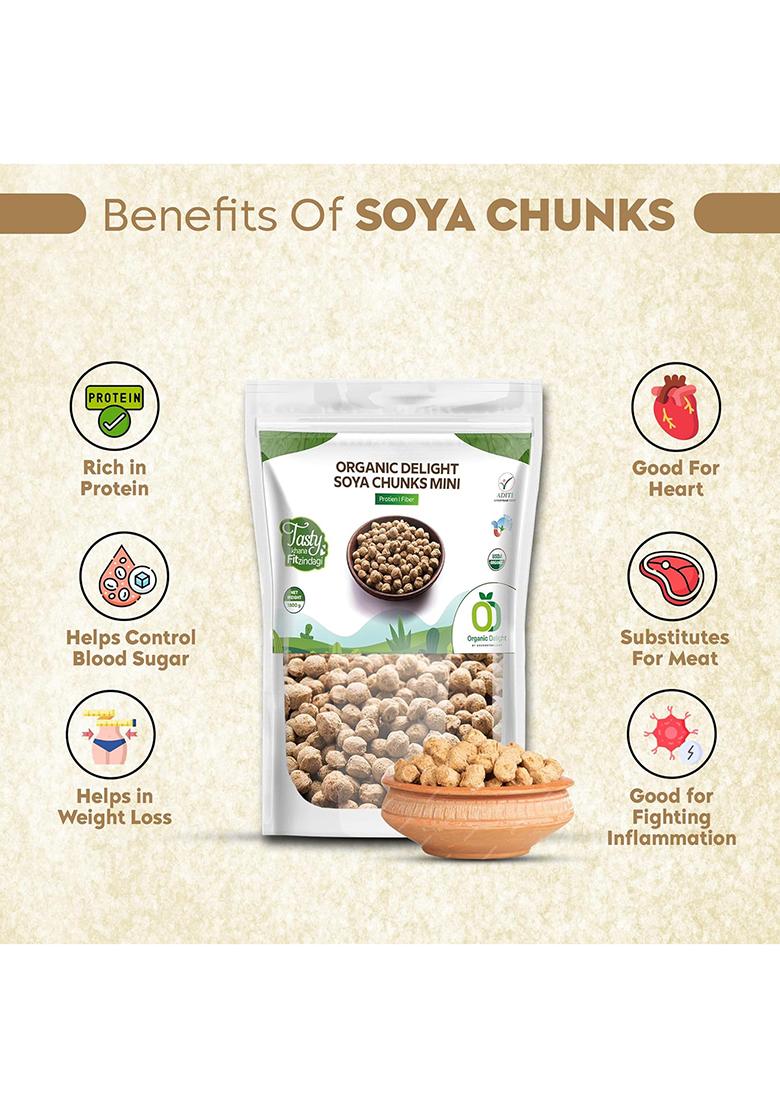 Organic Delight Organic Soya Chunks Mini 500gm By USDA Certified Healthy & Tasty Soya Bean Chunks With Natural High Protein Source Of Dietary High Fiber Fresh Wadi 500 gm
