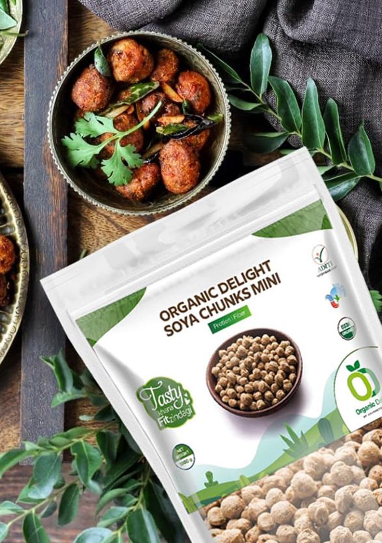 Organic Delight Organic Soya Chunks Mini 500gm By USDA Certified Healthy & Tasty Soya Bean Chunks With Natural High Protein Source Of Dietary High Fiber Fresh Wadi 500 gm