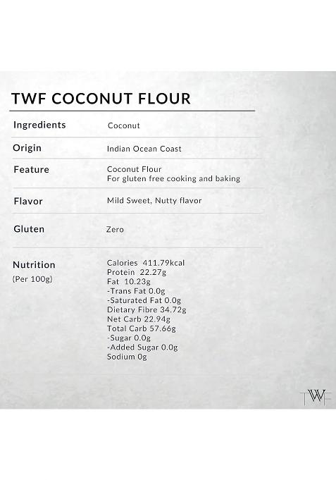 Twf Coconut Flour | 500g | Stone Ground | Gluten Free | Low Carb Coconut Powder | Supports Keto Diet | Paleo Friendly | Chemical Free | Ideal for Baking | Nariyal Powder | Grain Free | 100% Natural Nariyal