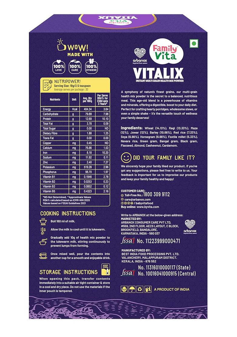 Babyvita Arbanox Family Vita Vitalix Instant Multi Grain Health Mix Powder|17 Powerful Wellness Ingredients| Trusted by Millions|100% Natural| No Preservatives or Added Sugar| Convenient & Nutritious| 300GM