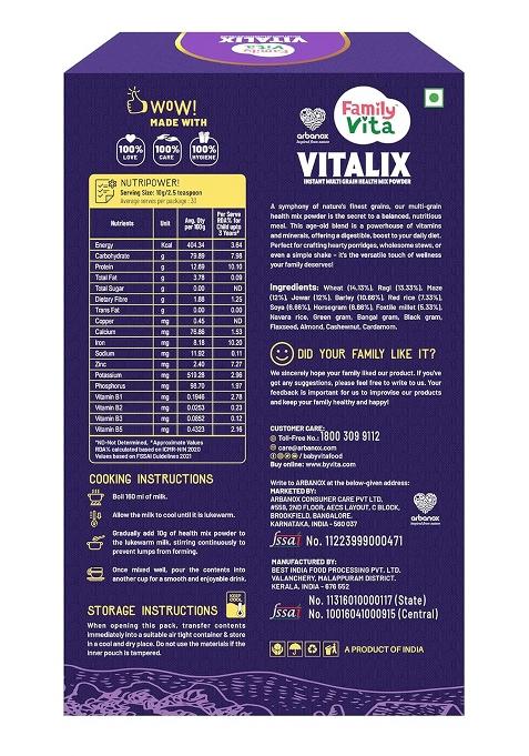 Babyvita Arbanox Family Vita Vitalix Instant Multi Grain Health Mix Powder|17 Powerful Wellness Ingredients| Trusted by Millions|100% Natural| No Preservatives or Added Sugar| Convenient & Nutritious| 300GM