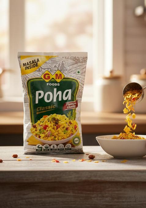 Gm Foods Classic Poha, 500g (Masala Inside) | Source of Fibre & Protein | White Thick Poha Healthy Food | Flattened with Rice/Atukulu | No MSG, Artificial Colors & No Preservatives