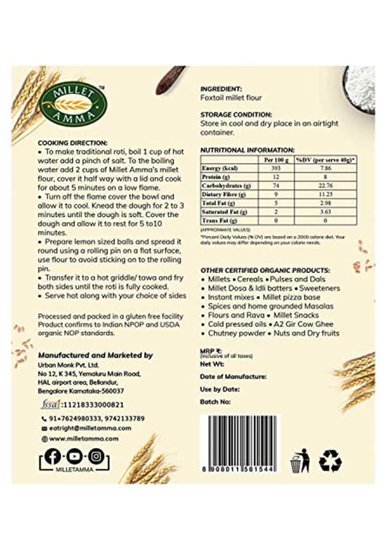 Millet Amma CERTIFIED ORGANIC Foxtail Millet Flour | 1 Kg | Made with Unpolished Millet | Suitable for Multiple Millet Recipes (Pongal, Dhokla, Porridge) | High Fiber & Rich in Iron