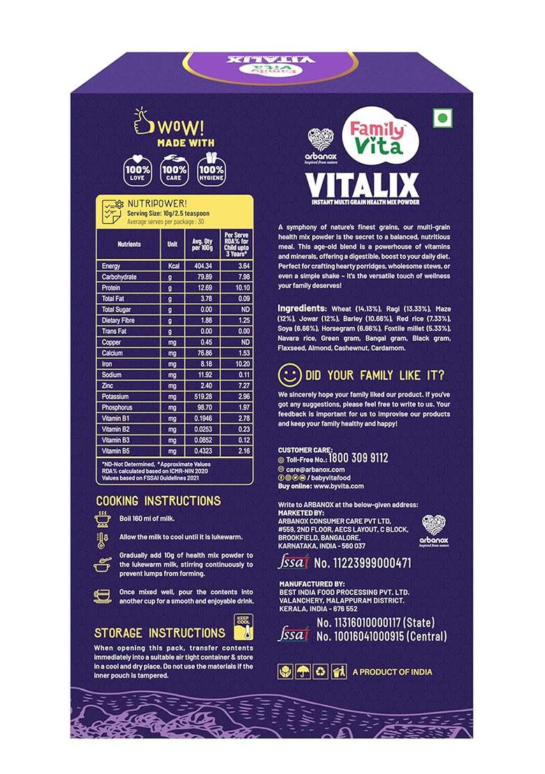 Babyvita Arbanox Family Vita Vitalix Instant Multi Grain Health Mix Powder|17 Powerful Wellness Ingredients| Trusted by Millions|100% Natural| No Preservatives or Added Sugar| Convenient & Nutritious| 300GM - Indya