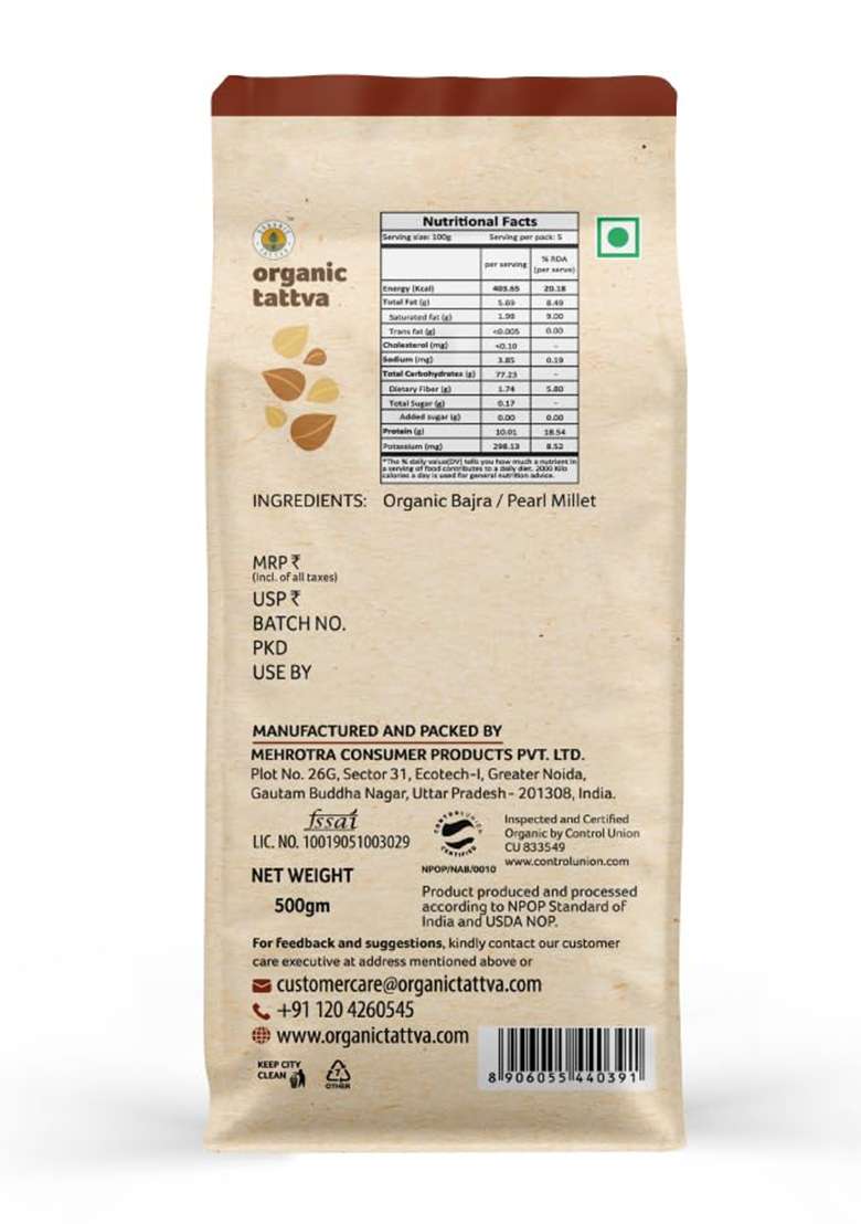 Organic Tattva Bajra Pearl Millet Flour 500 Gram | 100 Vegan Gluten Free and NO Preservatives - Indya