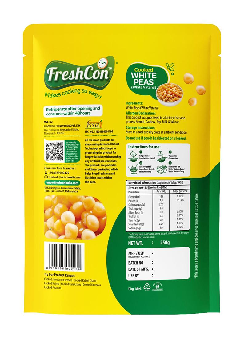 Freshcon Cooked White Pea | Pack of 2 | Ready-to-Eat | High Protein & Fiber | No Soaking or Boiling | Ideal for Ragda, Curries, Chaats & Salads | 100% Natural