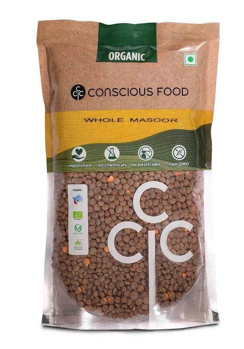 Conscious Food Organic Whole Masoor Dal | 1kg | Unpolished | Red Lentil | Non GMO | No Chemicals
