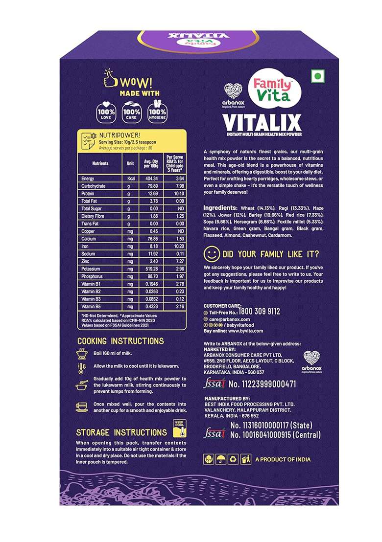 Babyvita Arbanox Family Vita Vitalix Instant Multi Grain Health Mix Powder|17 Powerful Wellness Ingredients| Trusted by Millions|100% Natural| No Preservatives or Added Sugar| Convenient & Nutritious| 300GM - Indya