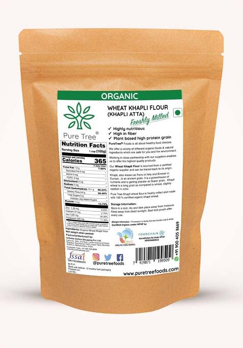 Pure Tree Certified Organic Freshly Milled (Khapli Aata) Wheat Flour | 350 g | Emmer Wheat Flour | Farro Wheat Atta | Khapli Wheat Gehu ka Atta Rich In Fiber | Low Gluten