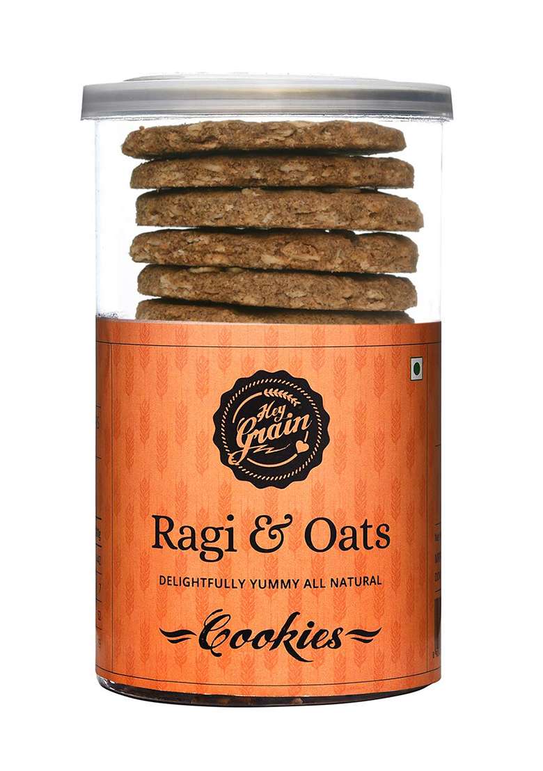 Hey Grain Cookies Ragi & Oats Cookies (Organic Ragi Flour, Whole Grain Wheat Flour, Rolled Oats, Demerara Sugar, Butter, Milk, Salt) -160 Gm - Indya