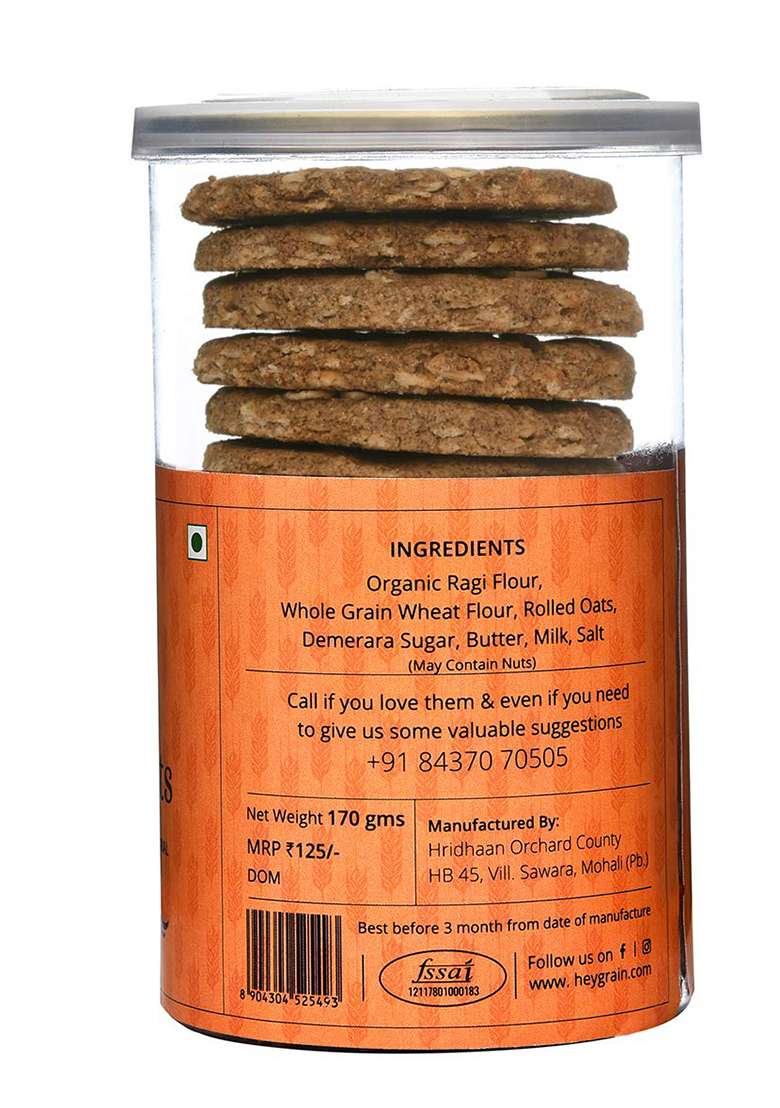 Hey Grain Cookies Ragi & Oats Cookies (Organic Ragi Flour, Whole Grain Wheat Flour, Rolled Oats, Demerara Sugar, Butter, Milk, Salt) -160 Gm - Indya
