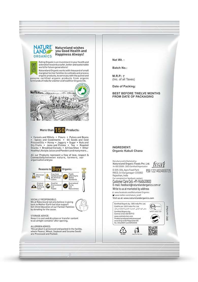 Natureland Organics Kabuli Chana/White Chana/Chole Pouch, 1 Kg - Indya