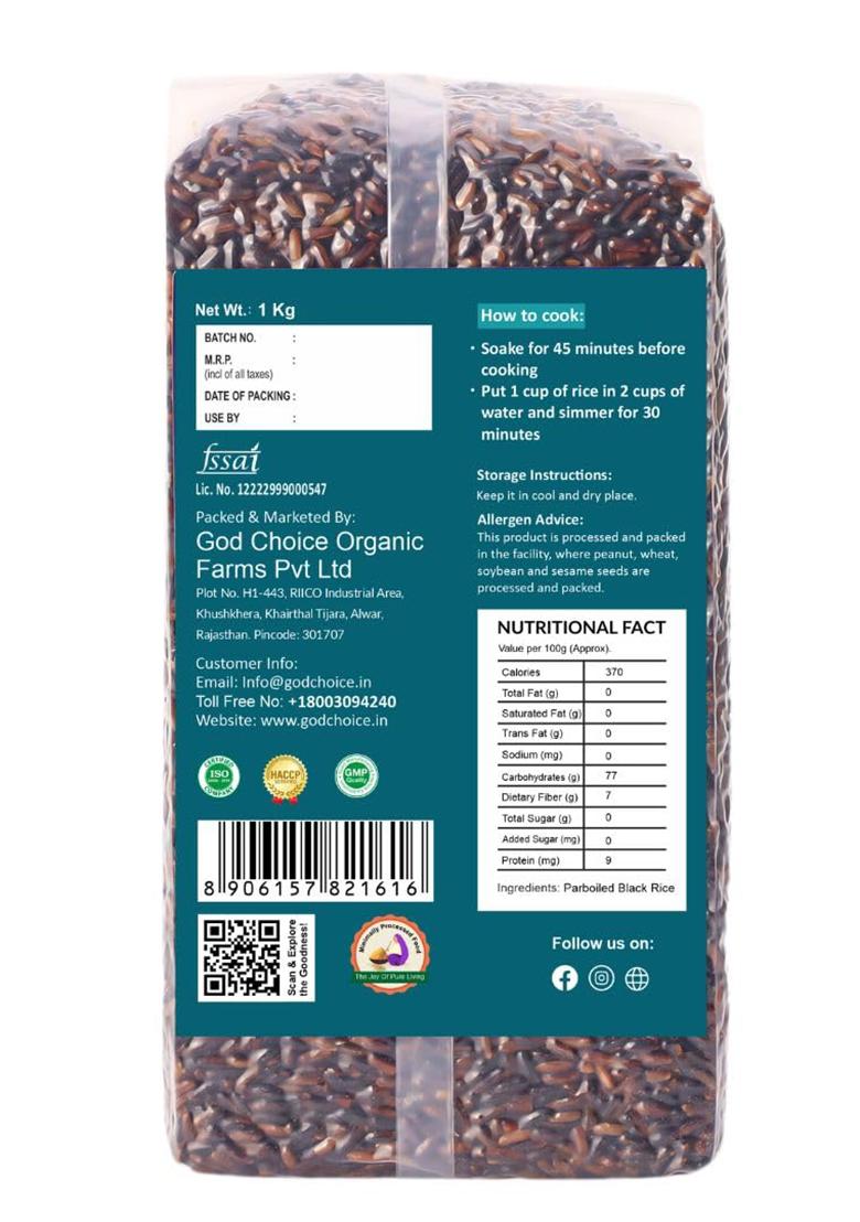 God Choice Organic Farms Black Rice 1Kg |Forbidden | Buddha Manipur High In Antioxidants & Protein Rich Natural Aromatic Unpolished Prevents The Risk Of Diabetes Obesity Helps Weight Loss
