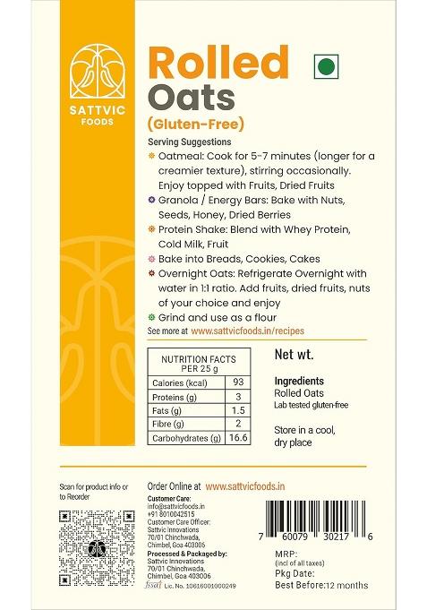 Sattvic Foods Jumbo Rolled Oats (500 G) | Gluten-Free, Large Old Fashioned Oat Flakes High In Fibre And Protein Make Oatmeal, Overnight Oats, Muesli, Granola Bars, Use Baking