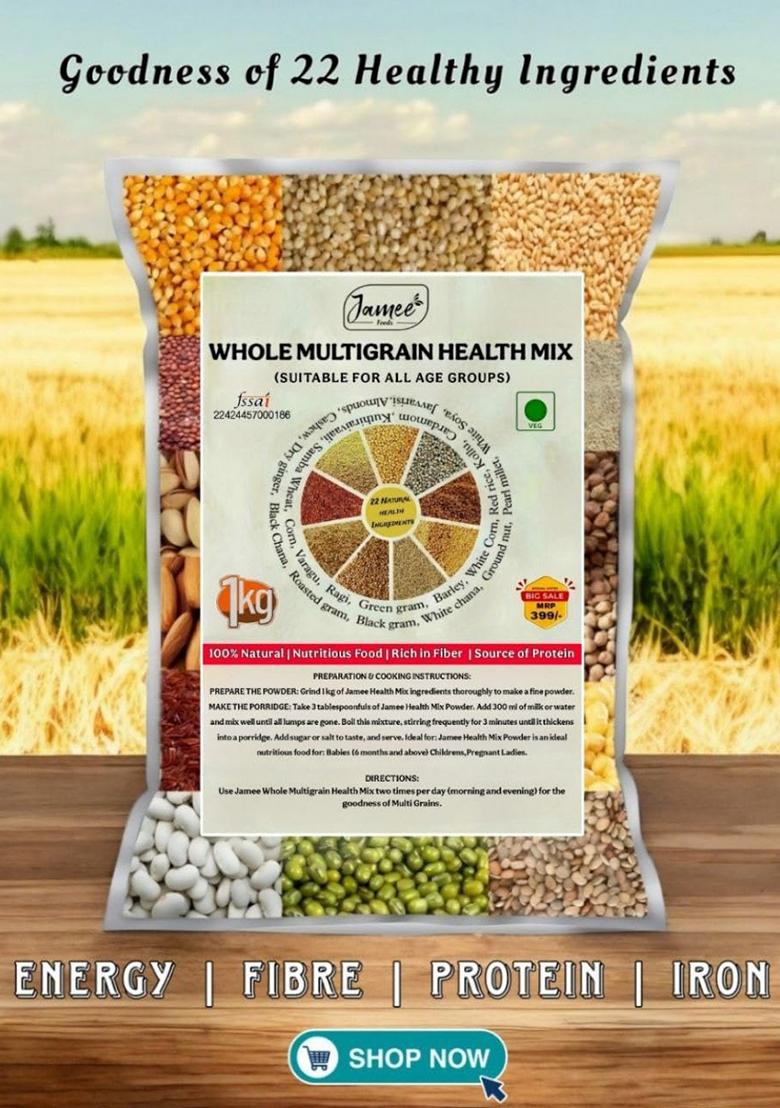 Jamee Whole Raw Multigrain Health Mix 1Kg | 22 Natural Ingredients Â€“ Millets, Pulses, Nuts & Cereals Nutrition High Protein Fiber Healthy Food For All Ages (Not Powder)