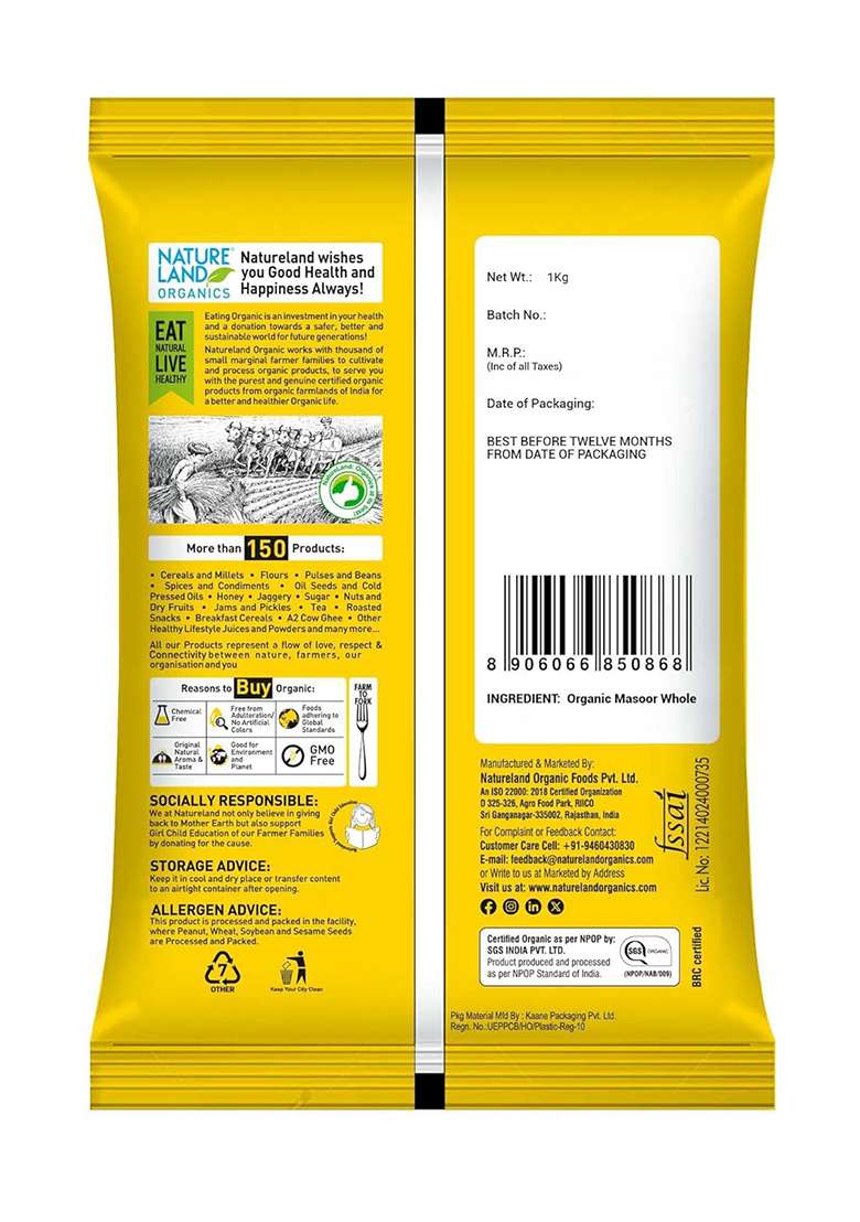 Natureland Organics Masoor Dal/Split Washed Pouch, 1 Kg - Indya