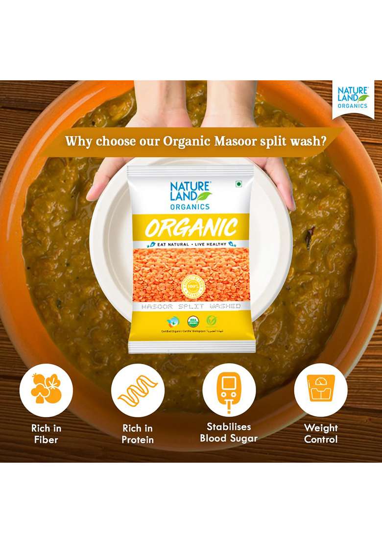 Natureland Organics Masoor Dal/Split Washed Pouch, 1 Kg - Indya