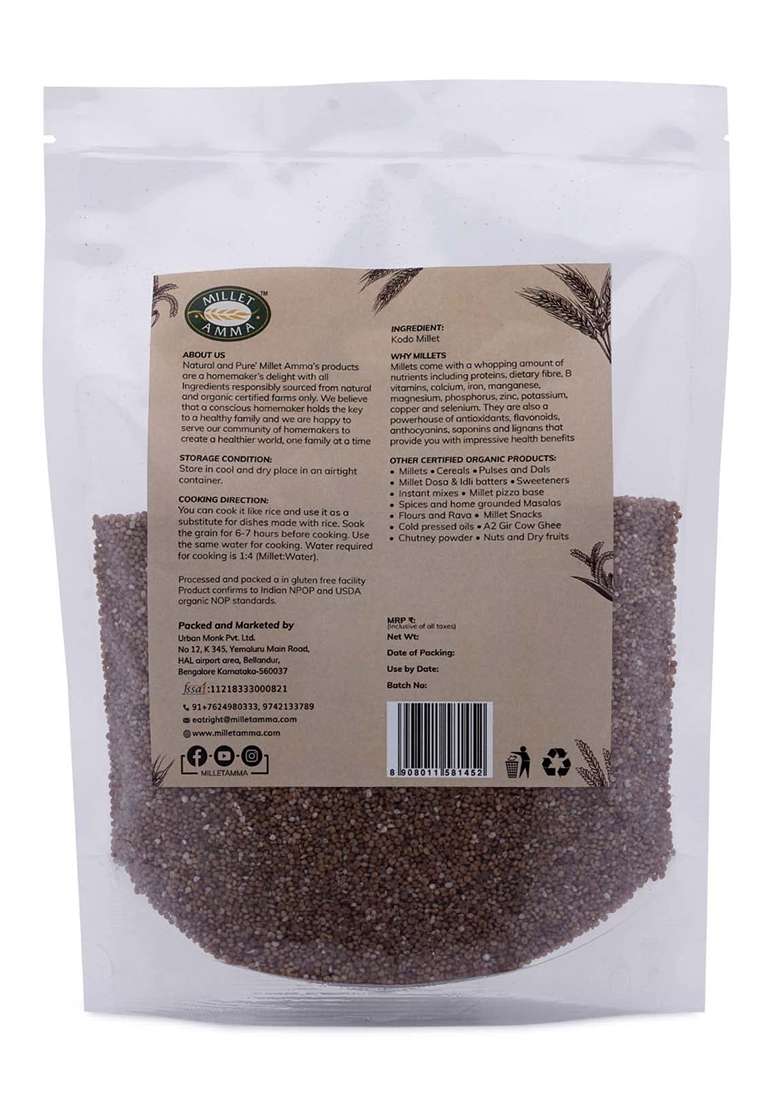 Millet Amma Certified Organic Kodo | 1 Kg Unpolished Grains Rich In Fiber, B Complex, Vitamins & Essential Amino Acids Low Gi 100% Vegan Gluten Free - Indya