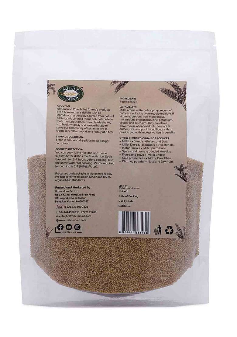 Millet Amma Unpolished Certified Organic Foxtail Grains | 1 Kg Pack (Korralu Korra Thinai Kaon Kang Kangni Kakum Navani ) Rich In Fibre Than Rice & Dietary , Good Diabetic Food, Low Gi Gluten Free - Indya