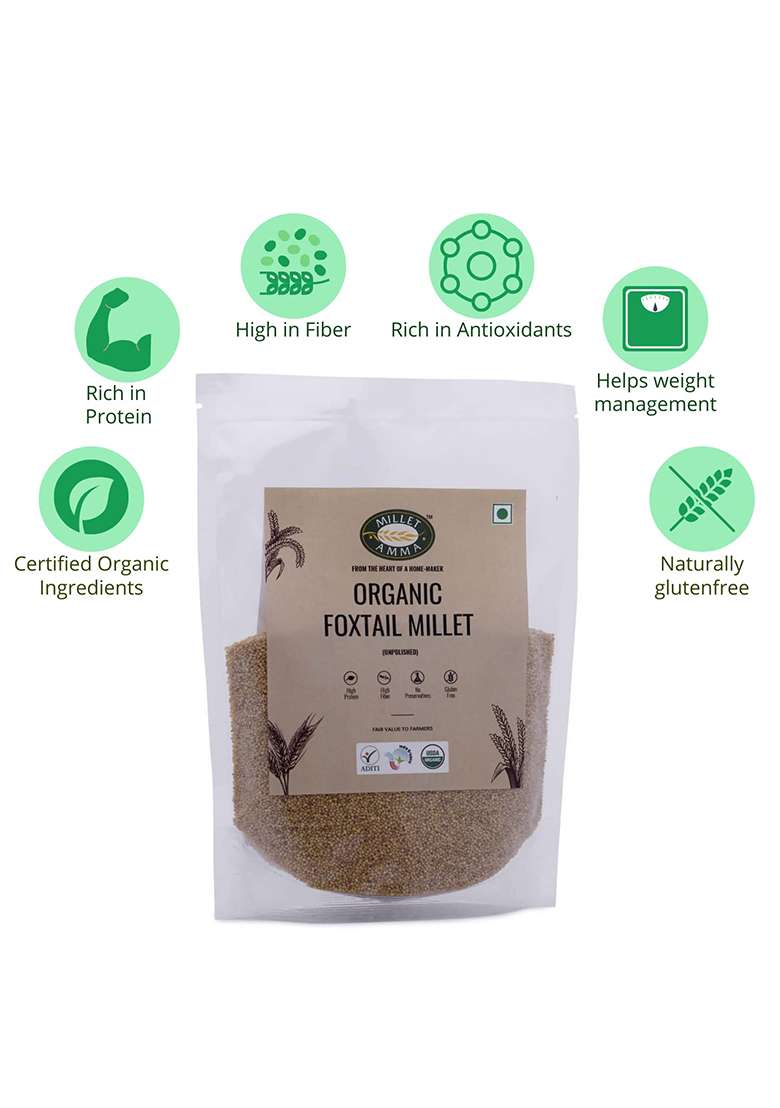 Millet Amma Unpolished Certified Organic Foxtail Grains | 1 Kg Pack (Korralu Korra Thinai Kaon Kang Kangni Kakum Navani ) Rich In Fibre Than Rice & Dietary , Good Diabetic Food, Low Gi Gluten Free - Indya