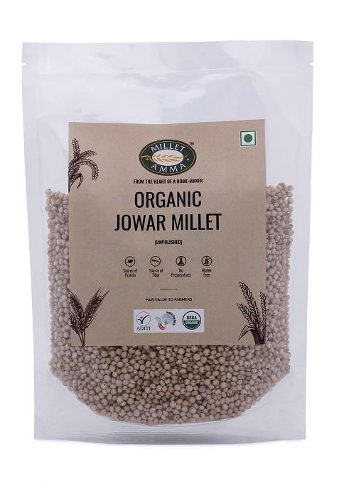 Millet Amma CERTIFIED ORGANIC Jowar Millet - 2 Kg (500g x 4 Packs) | Unpolished Millet Grains | ( Sorghum , Jonna , Jola , Cholam ) | Healthy & High Fiber , Gluten Free | Suitable for Multiple Millet Recipes | 100% Vegan