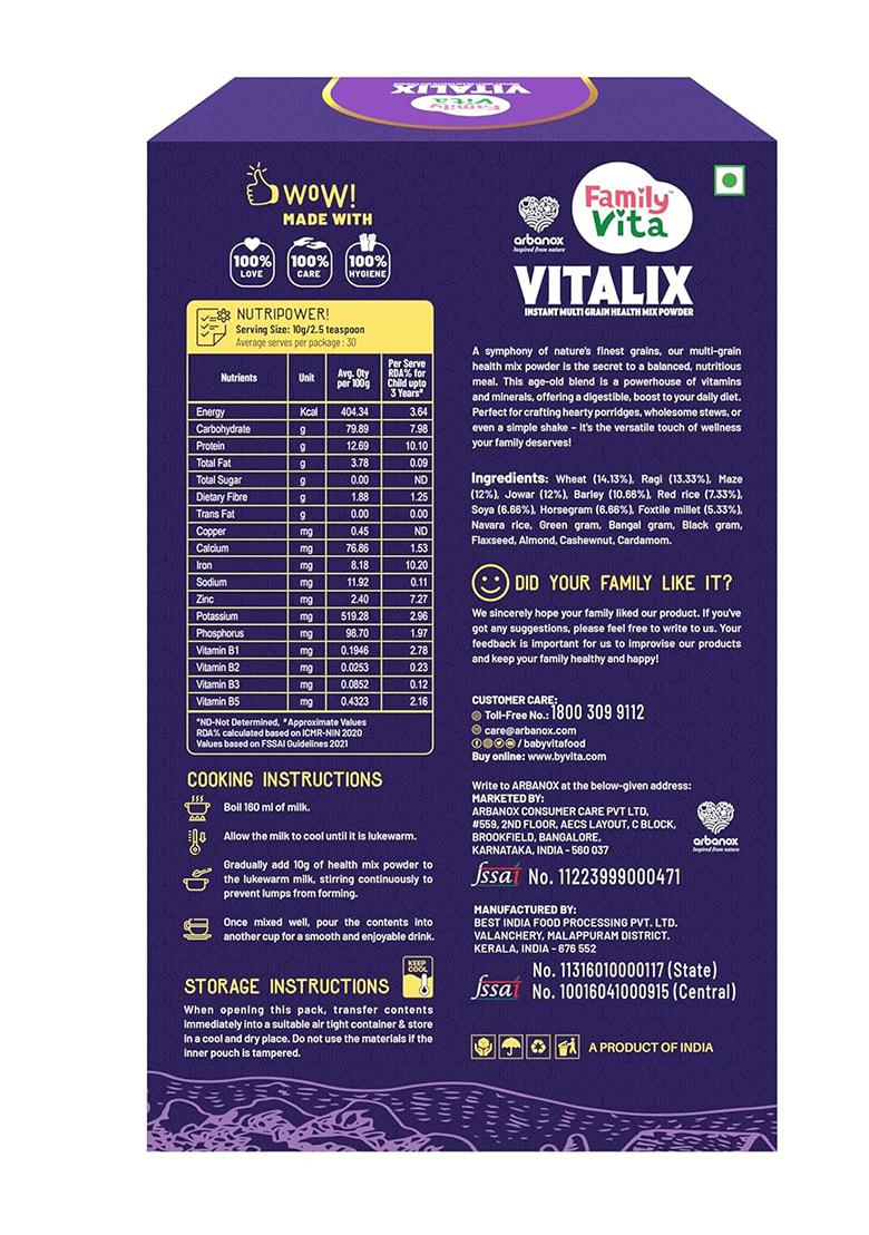 Babyvita Arbanox Family Vita Vitalix Instant Multi Grain Health Mix Powder|17 Powerful Wellness Ingredients| Trusted by Millions|100% Natural| No Preservatives or Added Sugar| Convenient & Nutritious| 300GM