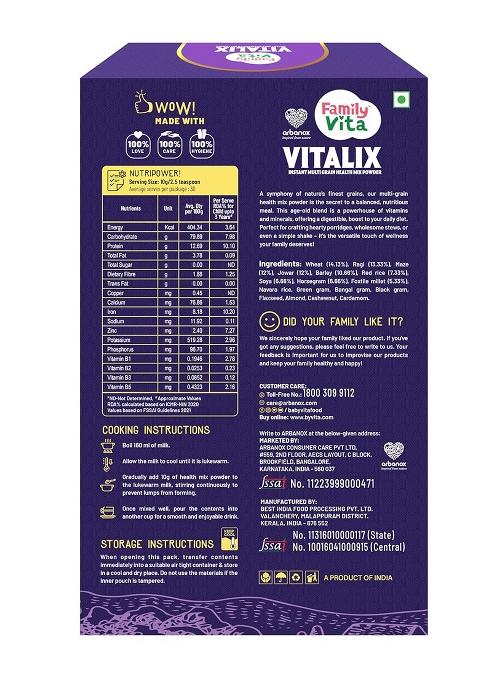 Babyvita Arbanox Family Vita Vitalix Instant Multi Grain Health Mix Powder|17 Powerful Wellness Ingredients| Trusted by Millions|100% Natural| No Preservatives or Added Sugar| Convenient & Nutritious| 300GM