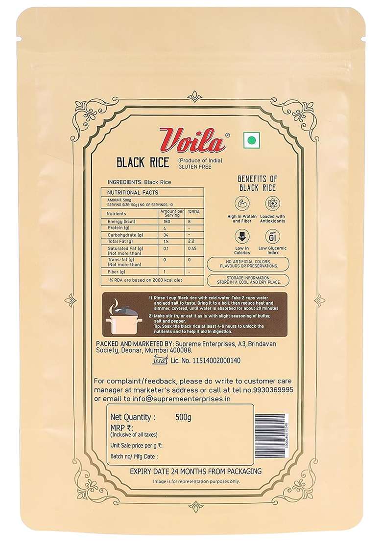 Voila Black Rice – Organics Kavuni Forbidden Rice | 500 gm - Indya