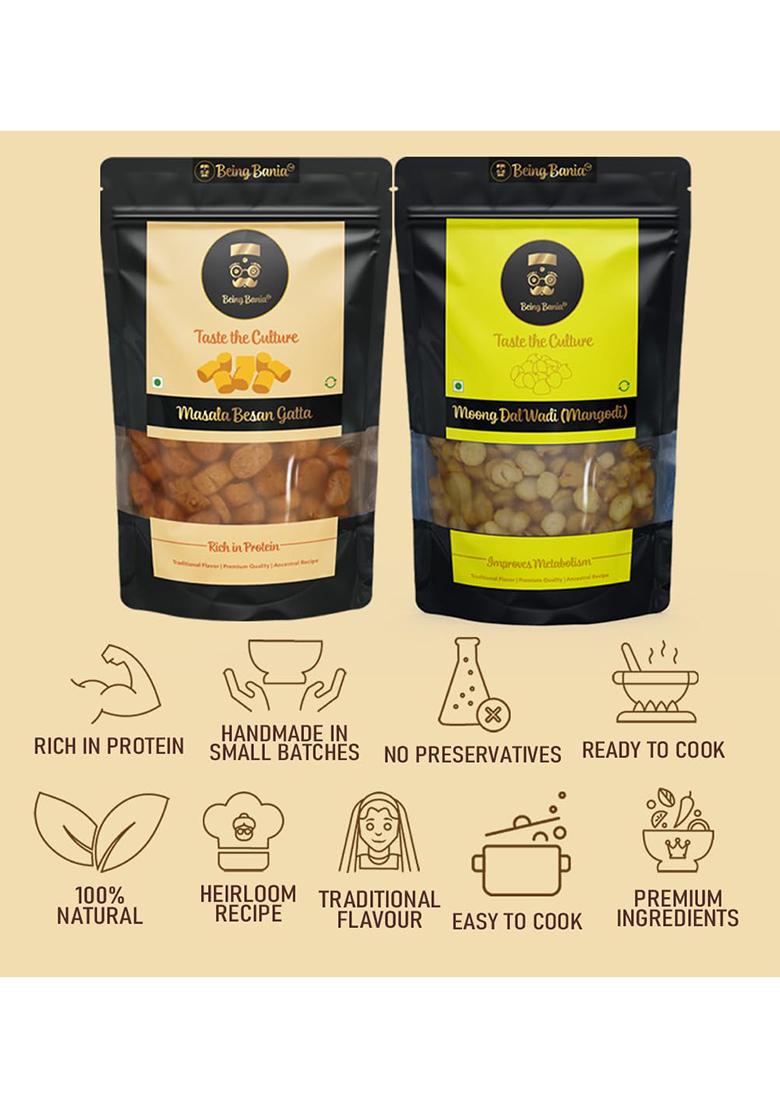 Being Bania Besan Gatta & Moong Dal Mangodi – Rajasthani Handmade Combo | 250g + 250g