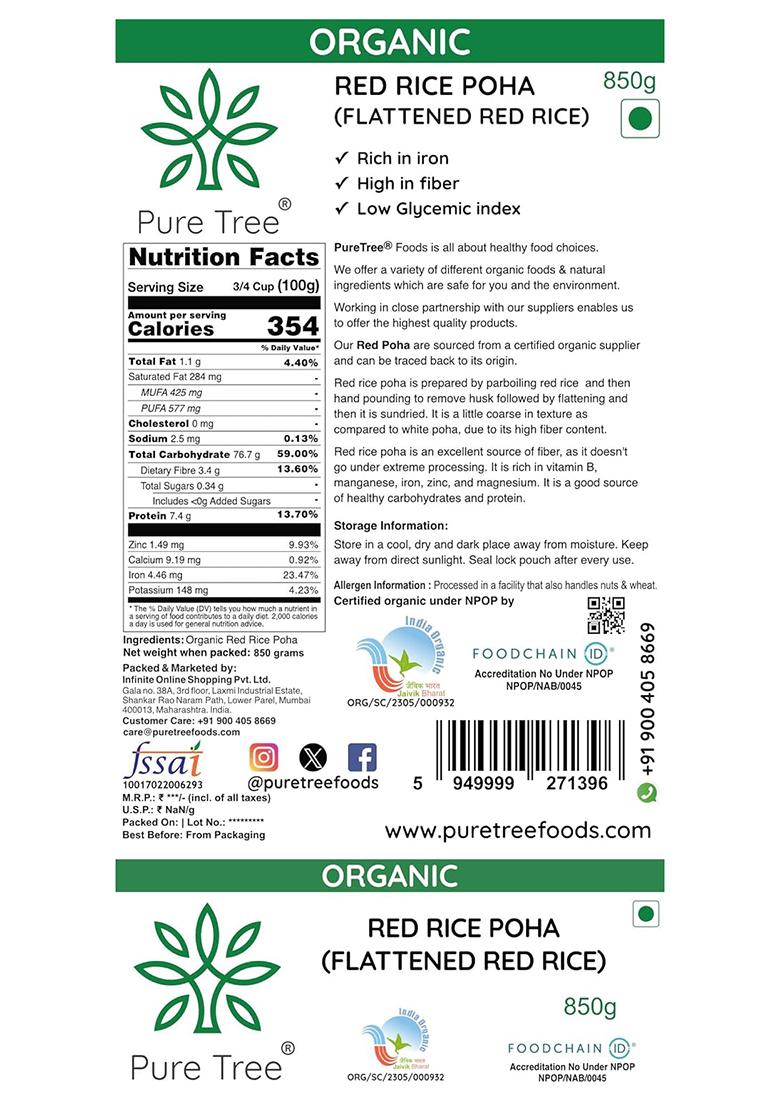 Pure Tree Certified Organic Red Poha – Red Rice Flakes (Aval/Poha) | 850 g