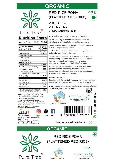 Pure Tree Certified Organic Red Poha – Red Rice Flakes (Aval/Poha) | 850 g