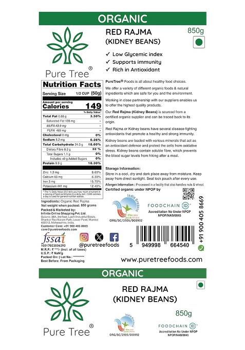 Pure Tree Organic Red Rajma – Red Kidney Beans 850g