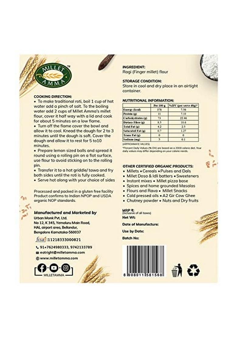 Millet Amma Organic Ragi Flour – Unpolished Finger Millet Atta | 2 Kg (1Kg x 2)