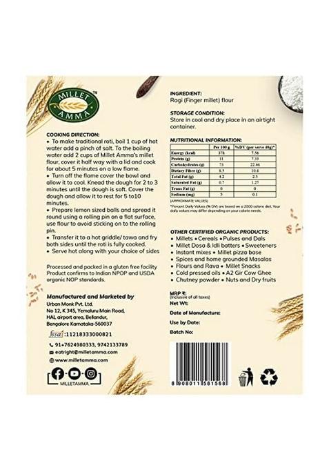 Millet Amma Organic Ragi Flour – Unpolished Finger Millet Atta | 2 Kg (1Kg x 2)