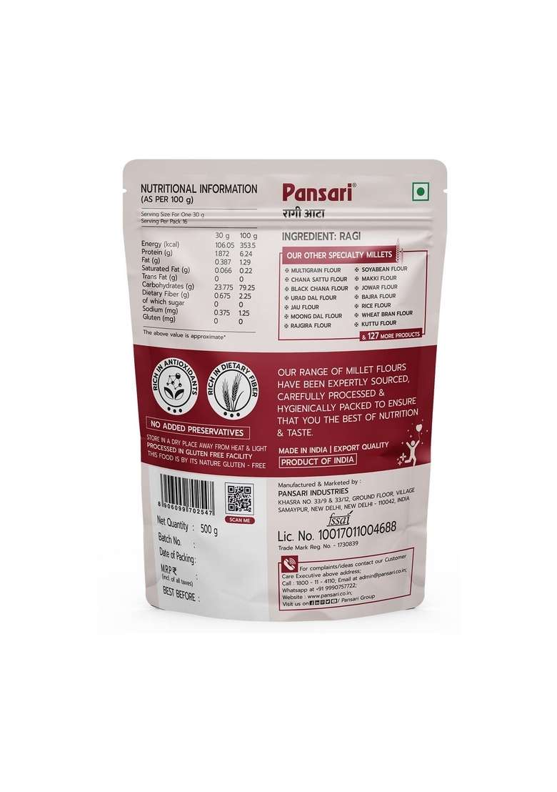 Pansari Natural Ragi Atta – Gluten-Free Ragi Flour | 500gm - Indya