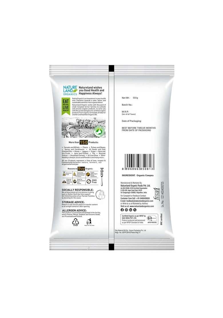 Natureland Organics Cowpea Black Eye / Lobia 500 Gm - Organic Healthy Pulses - Indya