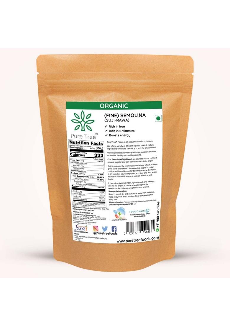 Pure Tree Certified Organic Sooji | 850 G Rawa Suji Rava Semolina Idly Rich In Iron & B Vitamins For Healthy Breakfast Staples Upma Dosa