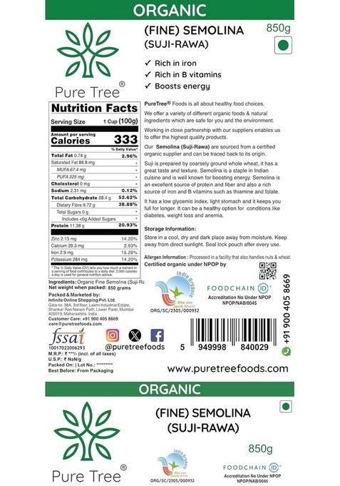 Pure Tree Certified Organic Sooji | 850 G Rawa Suji Rava Semolina Idly Rich In Iron & B Vitamins For Healthy Breakfast Staples Upma Dosa