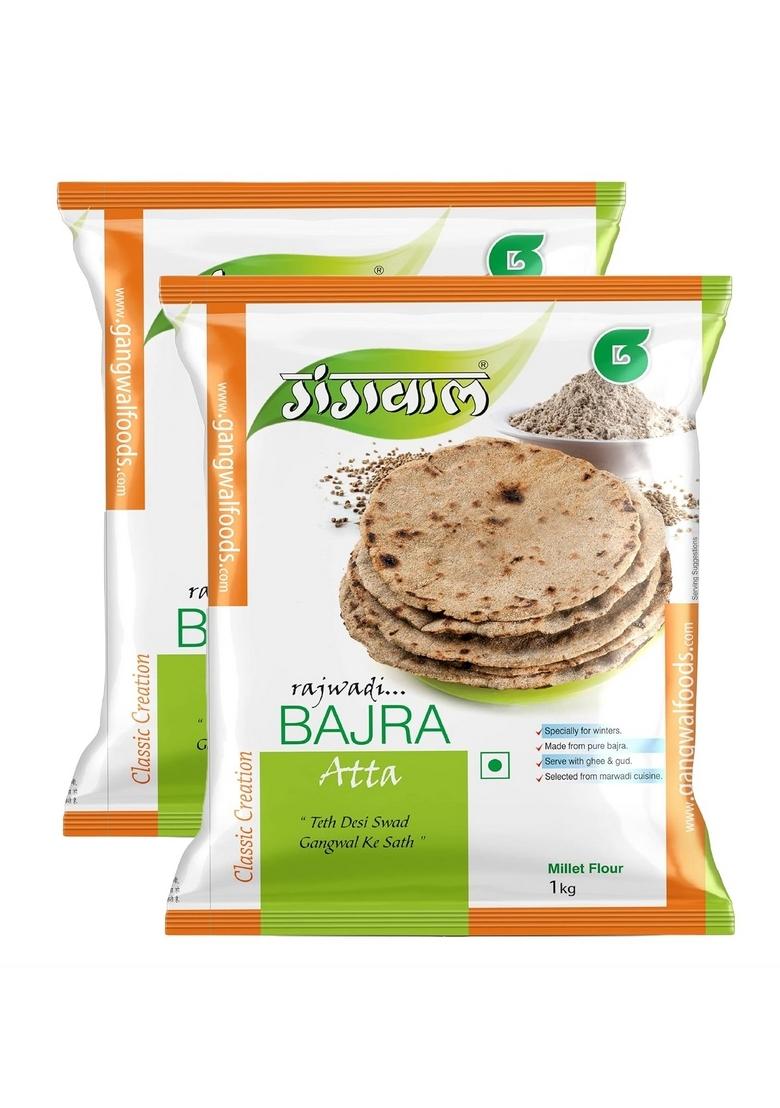 Gangwal Bajra Atta 1 Kg Pack Of 2 | Rajwadi Aata Pearl Millet Flour Best For Winter Bajre Ka 1Kg Rich In Dietary Fibers
