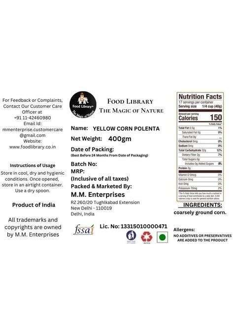 Food Library The Magic Of Nature Yellow Corn Polenta, 400g | Premium Cornmeal for Creamy, Grilled & Baked Dishes | Natural Polenta for Crunchy Coating & Versatile Cooking