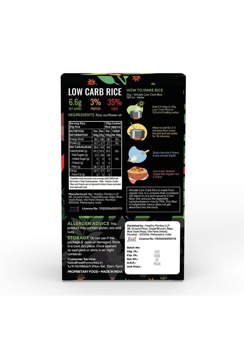 Ketolab Low-Carb Rice, 500 Gms, 1 Pack, 6.6g Net Carb & 3% High Protein/Serving, Identical to Regular Rice, Ultra Low Carb, Pre-Biotic High Fibre, Low GI, Keto Diet, Weight Loss, Diabetic Friendly