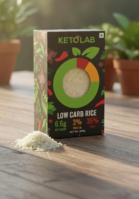 Ketolab Low-Carb Rice, 500 Gms, 1 Pack, 6.6g Net Carb & 3% High Protein/Serving, Identical to Regular Rice, Ultra Low Carb, Pre-Biotic High Fibre, Low GI, Keto Diet, Weight Loss, Diabetic Friendly