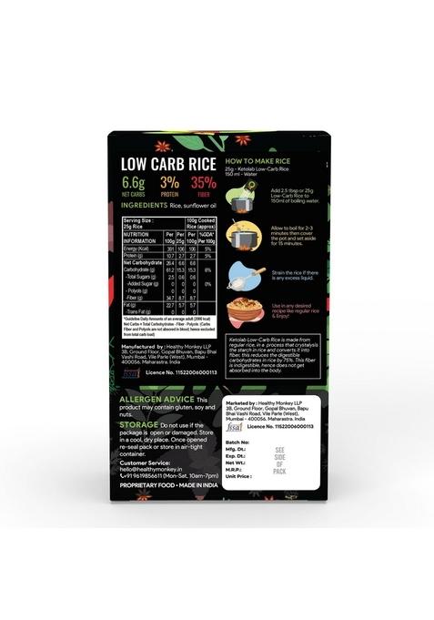 Ketolab Low-Carb Rice, 500 Gms, 1 Pack, 6.6g Net Carb & 3% High Protein/Serving, Identical to Regular Rice, Ultra Low Carb, Pre-Biotic High Fibre, Low GI, Keto Diet, Weight Loss, Diabetic Friendly