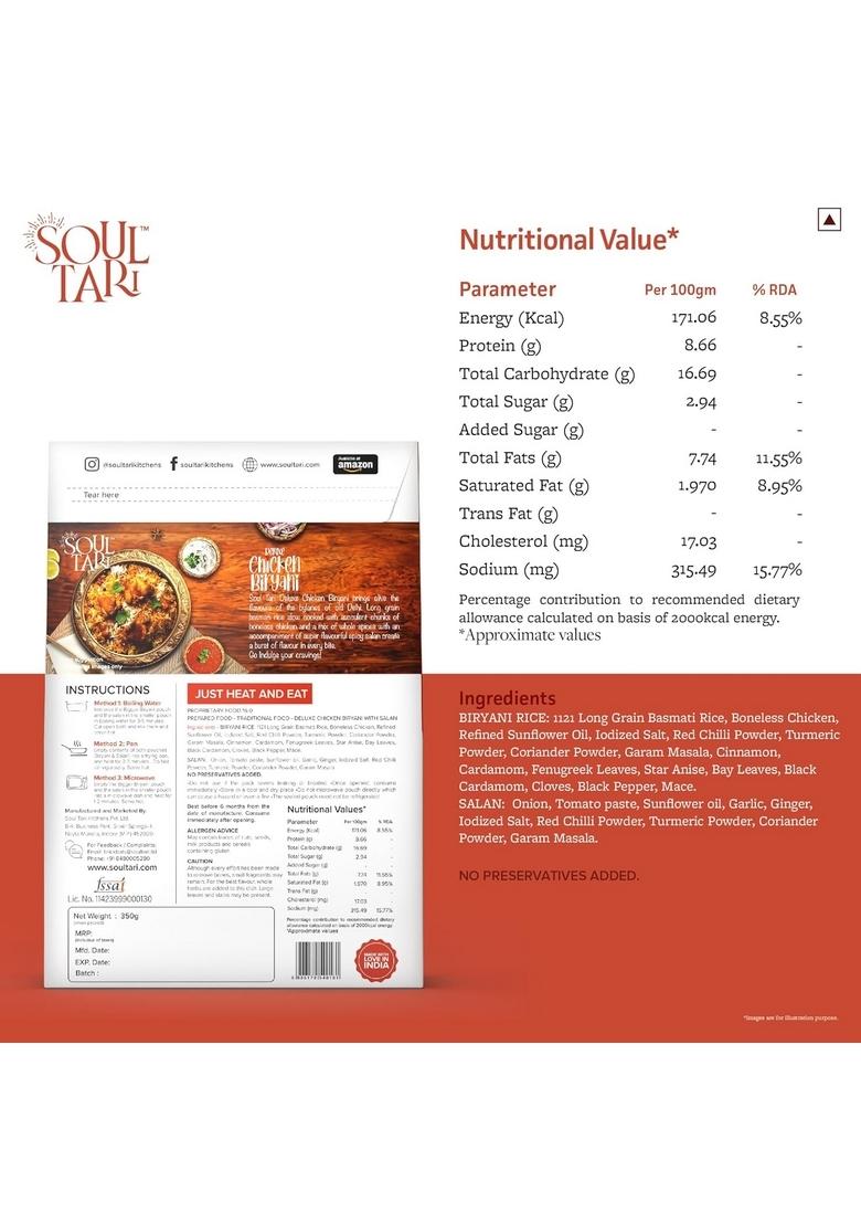 Soultari Ready To Eat Deluxe Chicken Biryani With Salan | Just Heat And Lipsmackingly Delicious Spicy No Preservatives Or Additives 350 Gram Pack Of 1