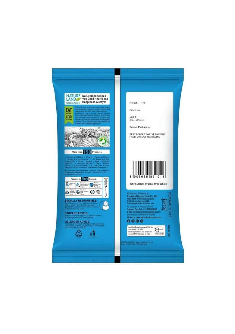 Natureland Organics Urad Chilka / Split 1 Kg - Organic Healthy Pulses - Indya
