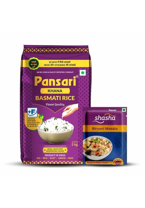 Pansari Khana Basmati rice 5KG Great Taste and Mesmerizing Aroma | Long Grain, Naturally Aged(2-Years) with Fortified | Basmati Rice, Biryani Rice, Pulao Rice - 5Kg