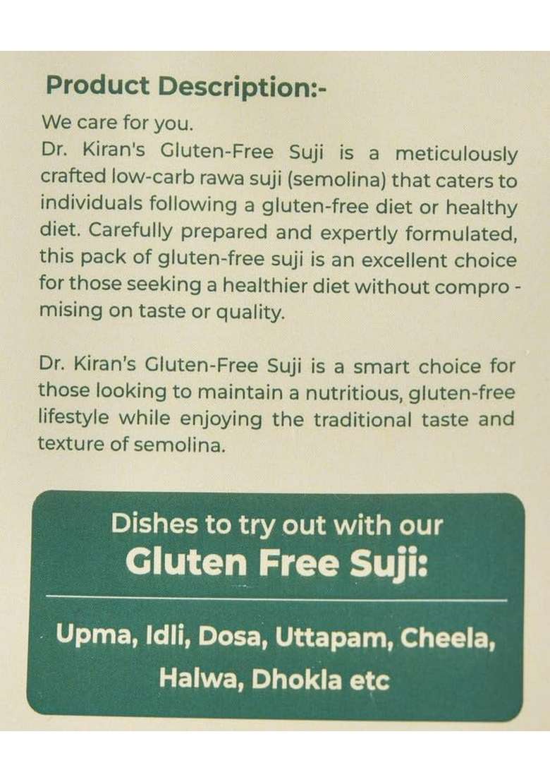 Dr. Kiran’s Gluten Free Sooji – Wheat-Free Healthy Rawa Semolina | 200 Gm - Indya