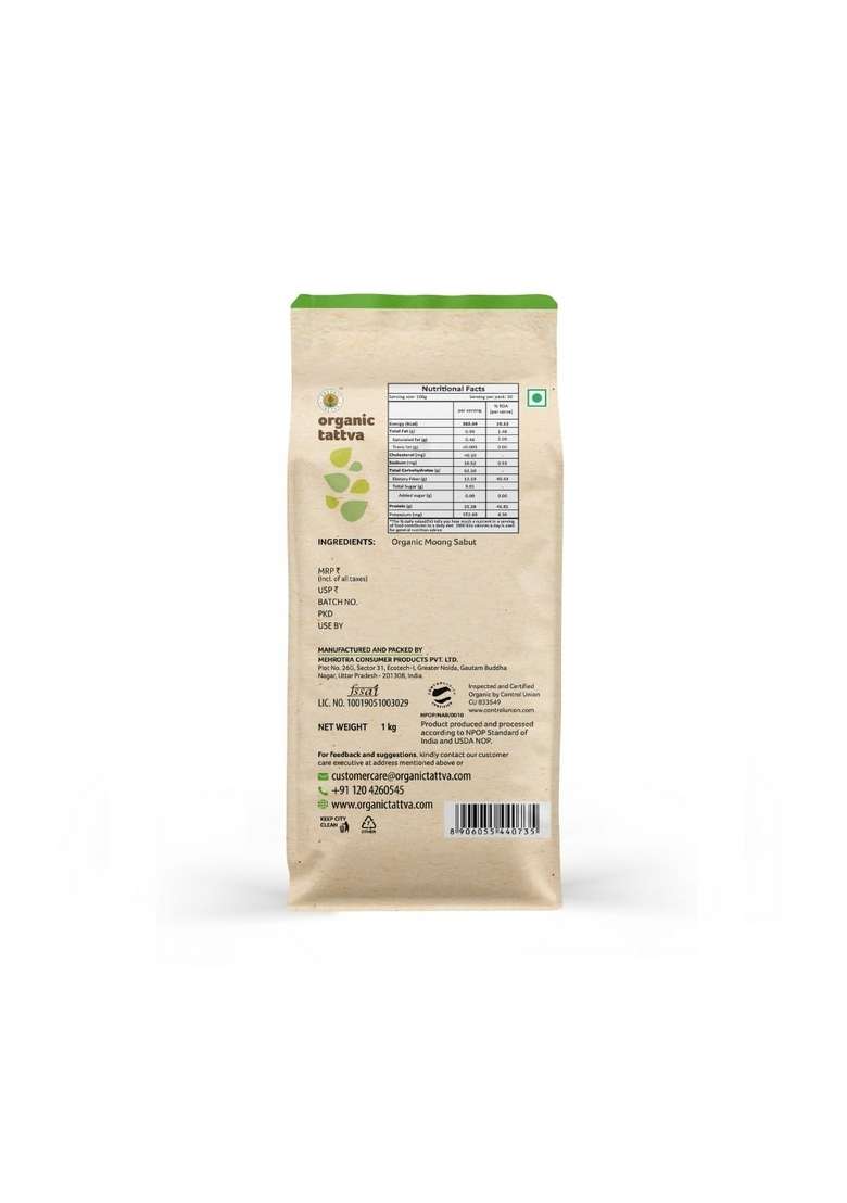 Organic Tattva Tattva, Moong Whole/Sabut Dal, 1Kg | Rich In Protein Naturally Gluten Free And Unpolished Pesticide Chemical Pack Of 1 - Indya