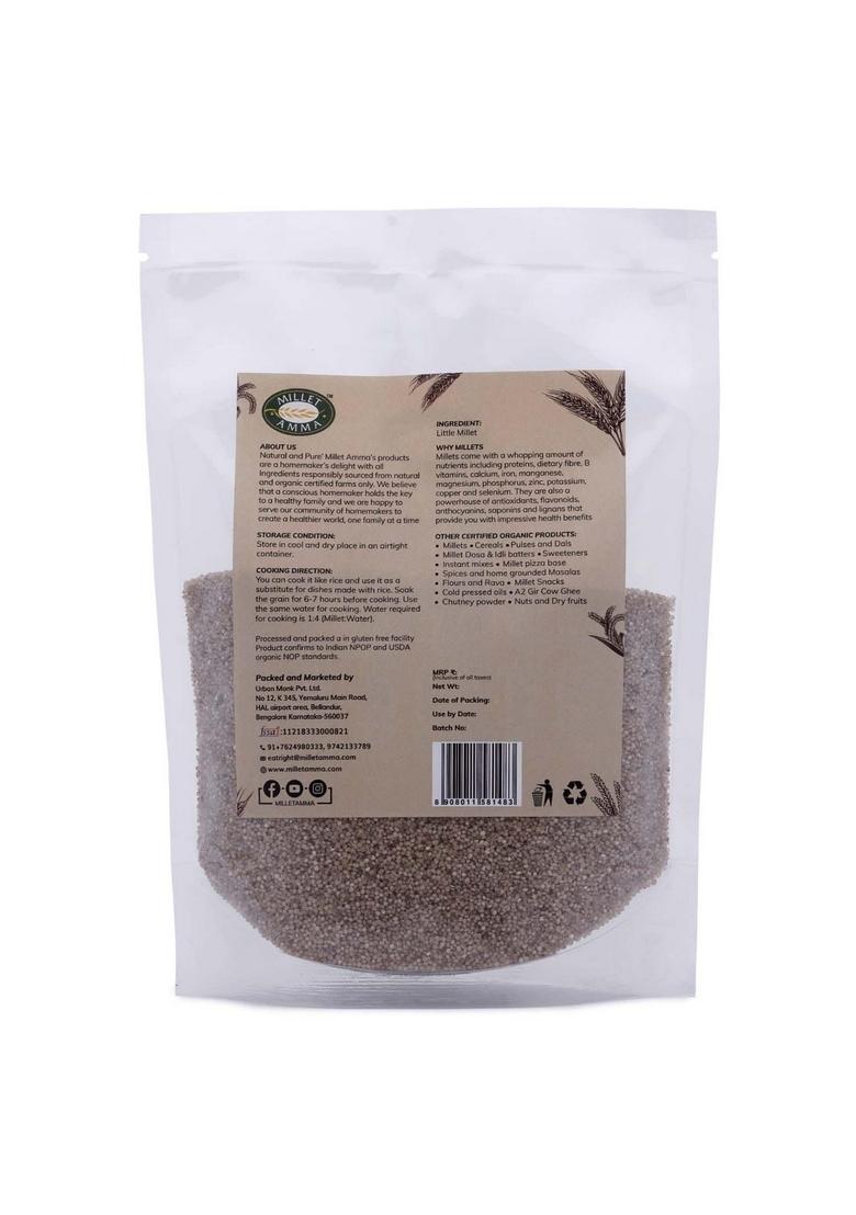Millet Amma Certified Organic Little | 1 Kg (500G X 2 Packs) Unpolished Grains (Kutki Samai Same Samalu) Suitable For Multiple Recipes 100% Vegan & Gluten Free